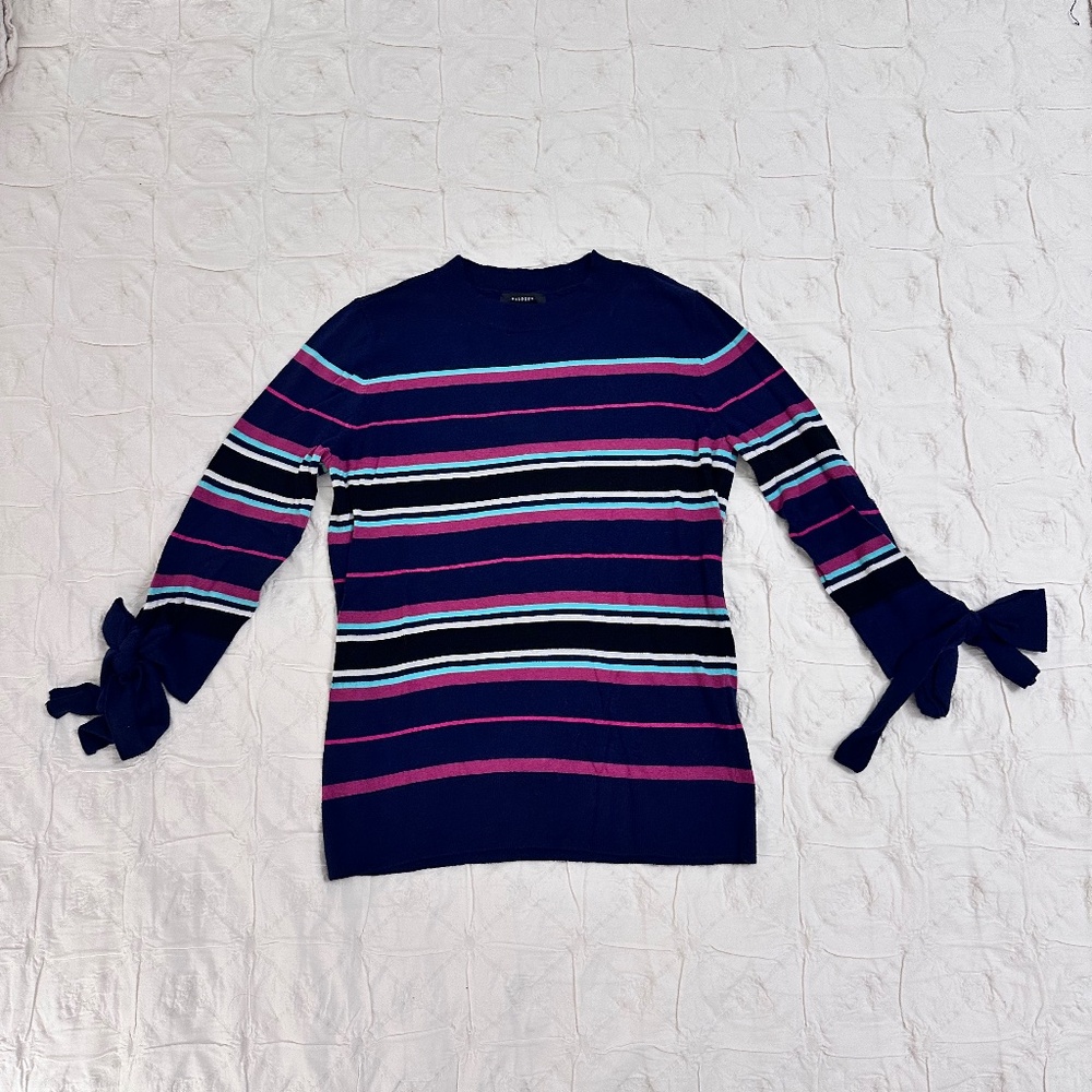 Halogen navy sweater with stripes and tie sleeves size S